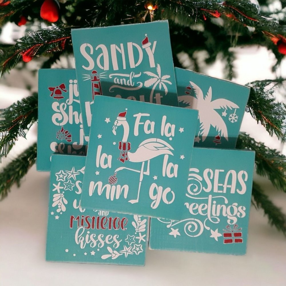 Coastal Christmas Wood Sign 6" Painted Beach Ocean Tiered Tray Shelf Sitter